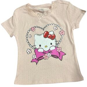 Hello Kitty Girls Pink Lace Trim T-Shirt Small Heart Bow Floral Graphic 6/7